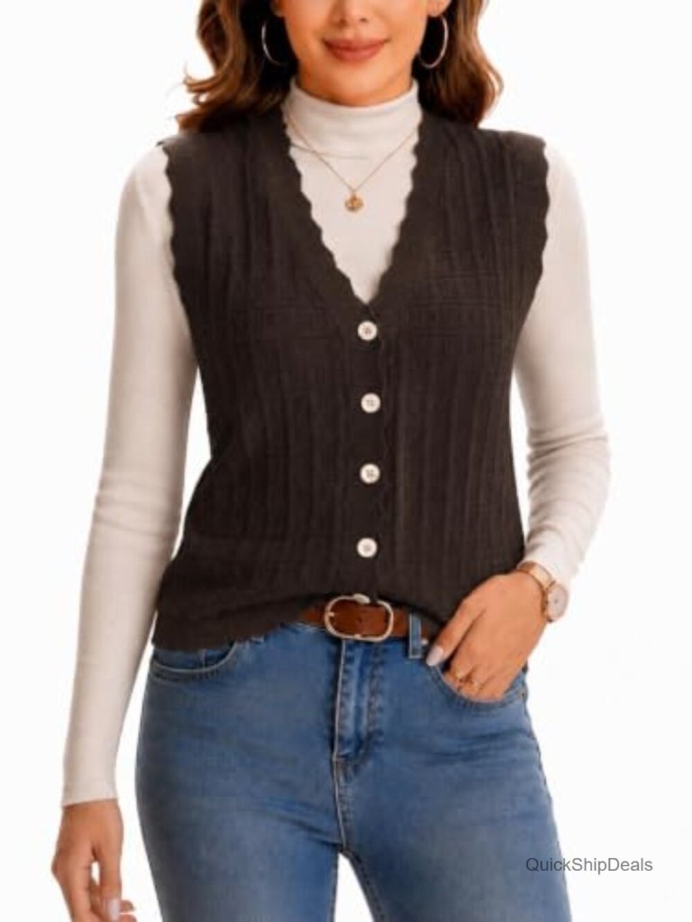 Waffle Knit Sweater Vest Sleeveless V Neck Button Front Layering Top